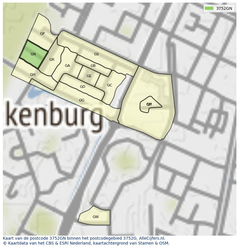 Afbeelding van het postcodegebied 3752 GN op de kaart.