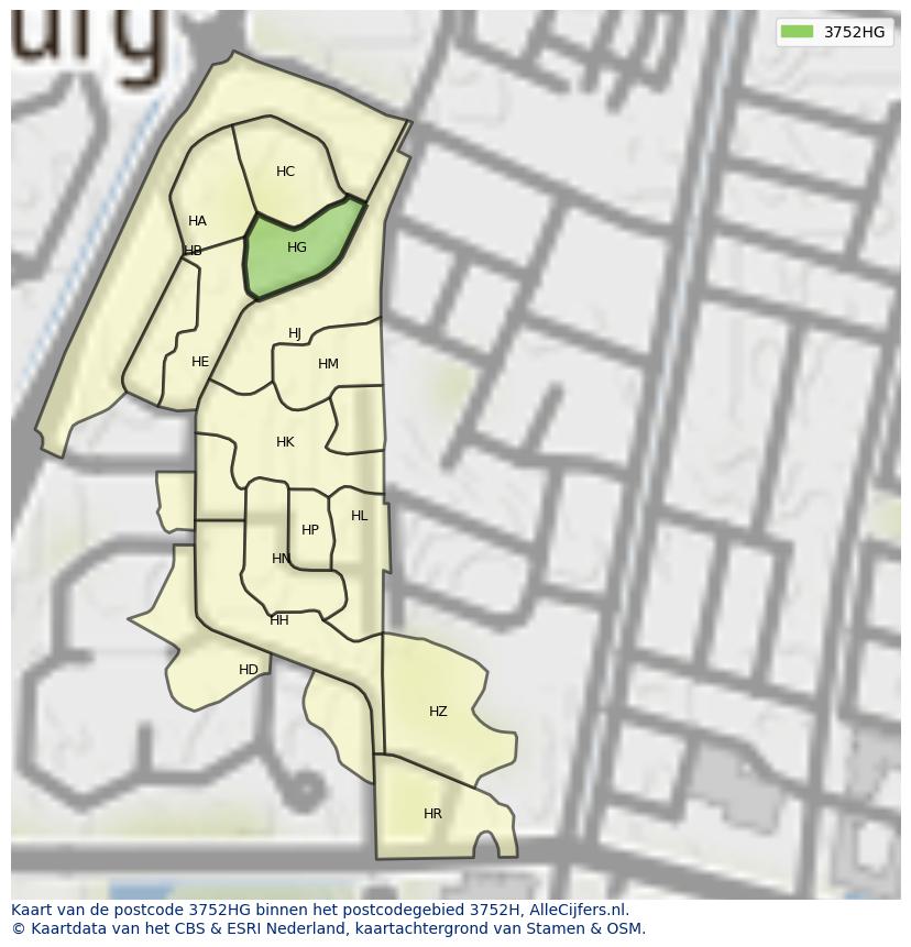 Afbeelding van het postcodegebied 3752 HG op de kaart.