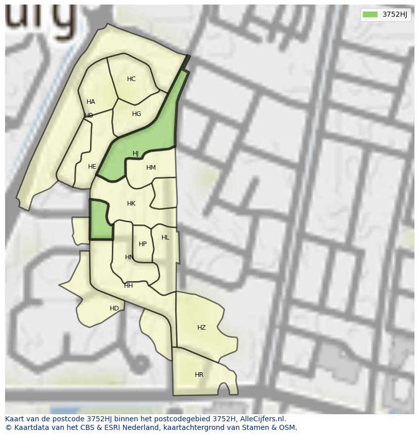 Afbeelding van het postcodegebied 3752 HJ op de kaart.