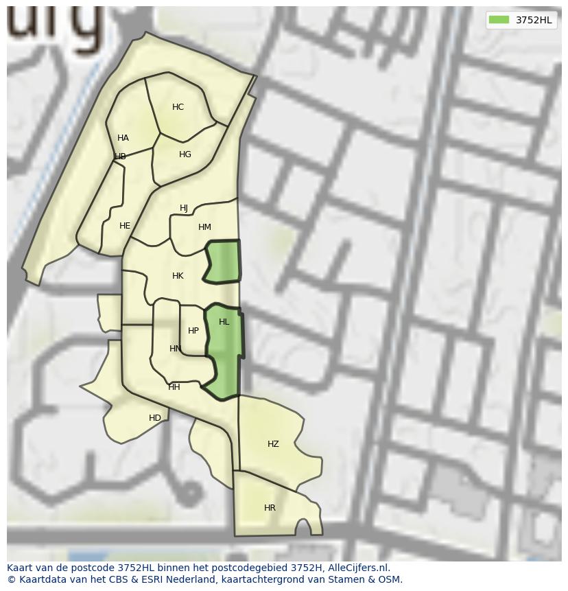 Afbeelding van het postcodegebied 3752 HL op de kaart.
