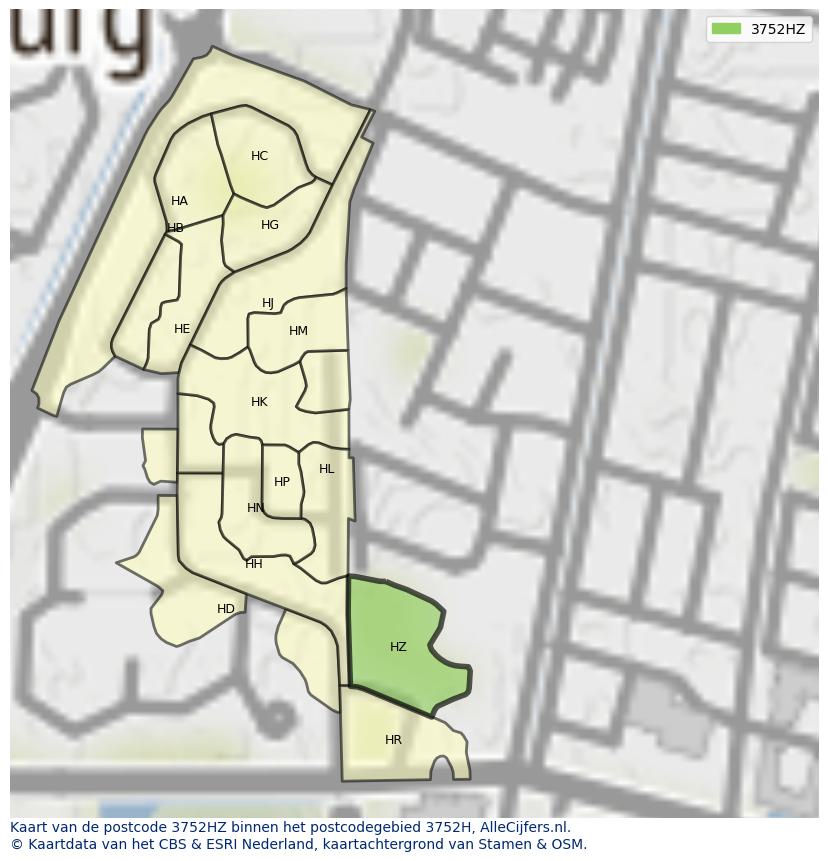 Afbeelding van het postcodegebied 3752 HZ op de kaart.