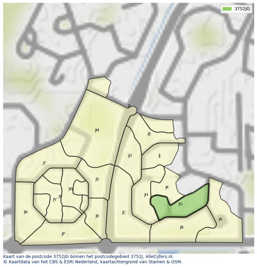 Afbeelding van het postcodegebied 3752 JG op de kaart.
