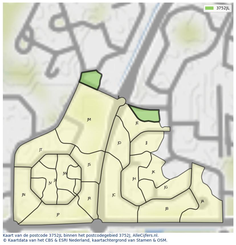 Afbeelding van het postcodegebied 3752 JL op de kaart.