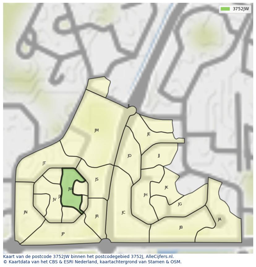 Afbeelding van het postcodegebied 3752 JW op de kaart.