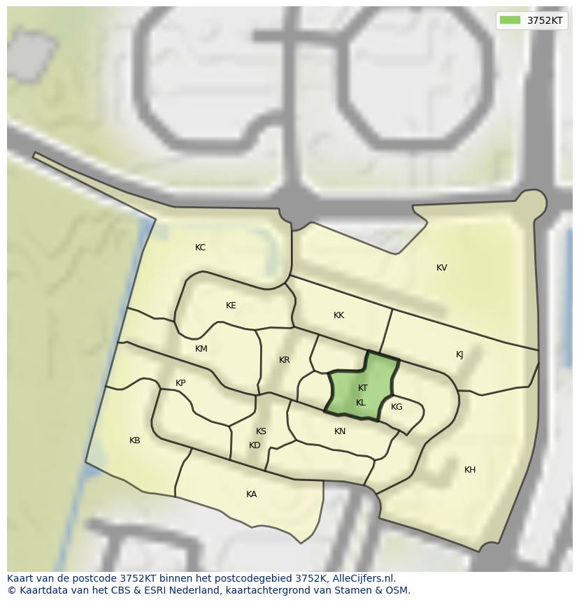 Afbeelding van het postcodegebied 3752 KT op de kaart.