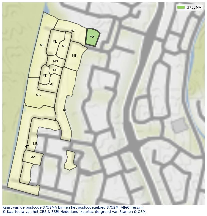 Afbeelding van het postcodegebied 3752 MA op de kaart.