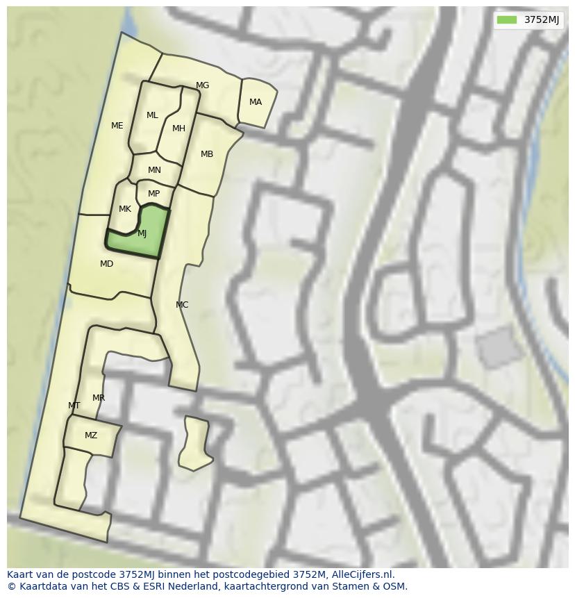 Afbeelding van het postcodegebied 3752 MJ op de kaart.