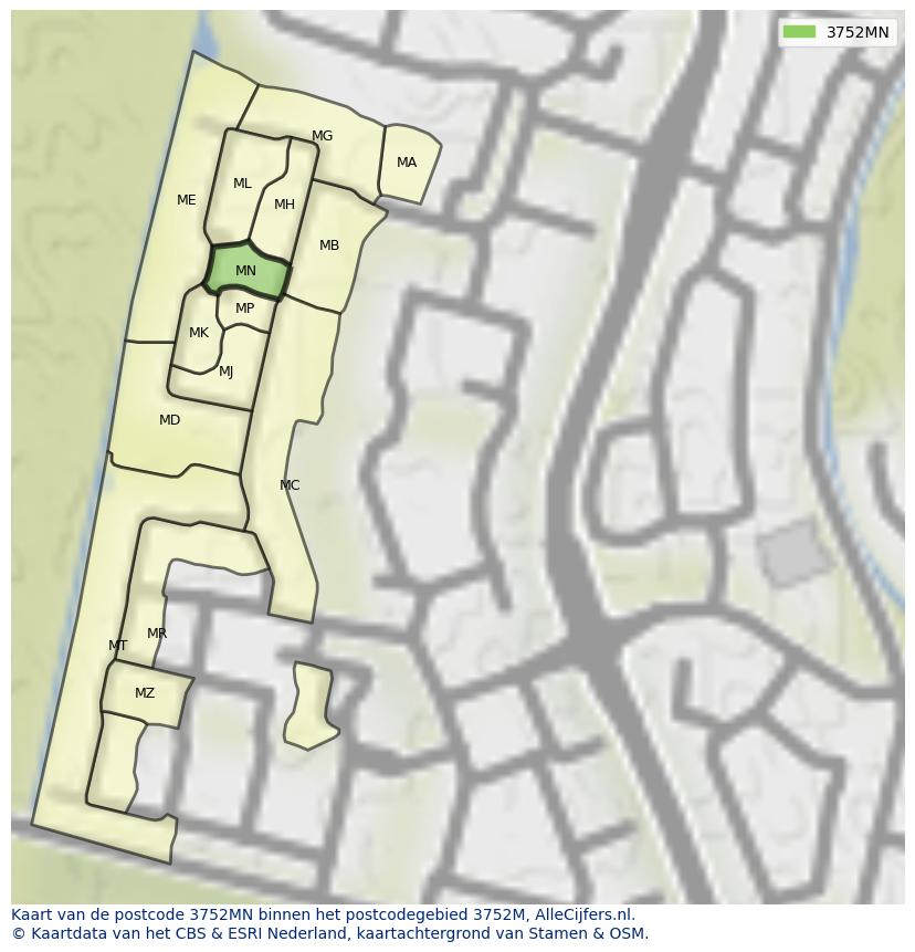 Afbeelding van het postcodegebied 3752 MN op de kaart.