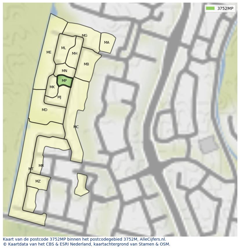 Afbeelding van het postcodegebied 3752 MP op de kaart.