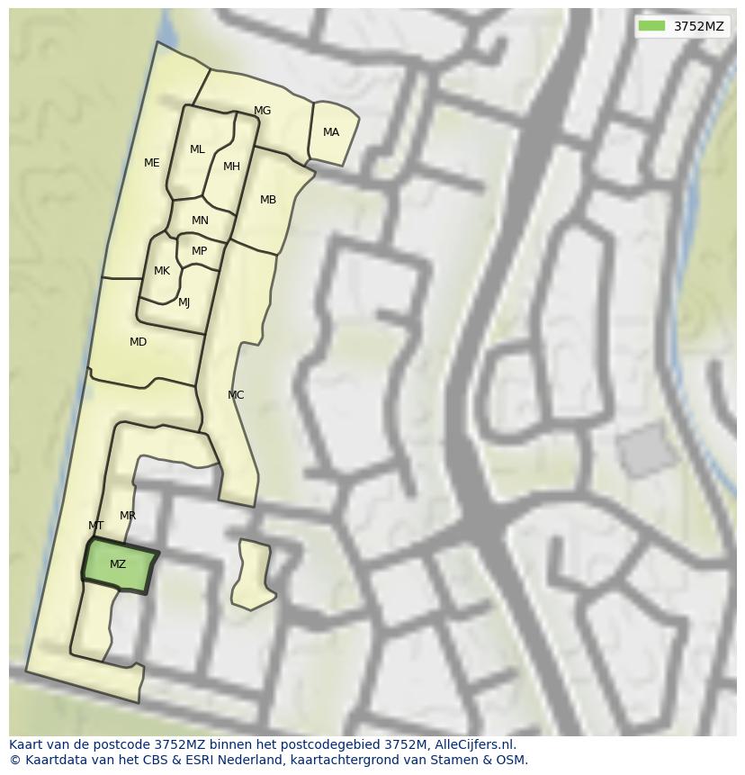Afbeelding van het postcodegebied 3752 MZ op de kaart.