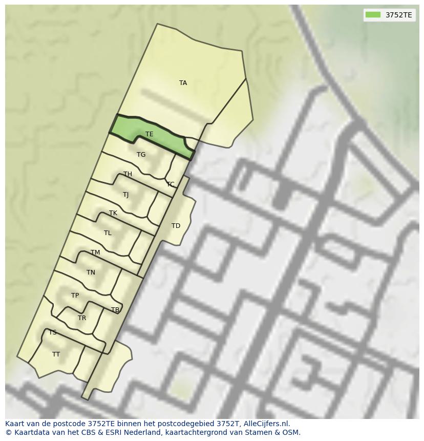 Afbeelding van het postcodegebied 3752 TE op de kaart.
