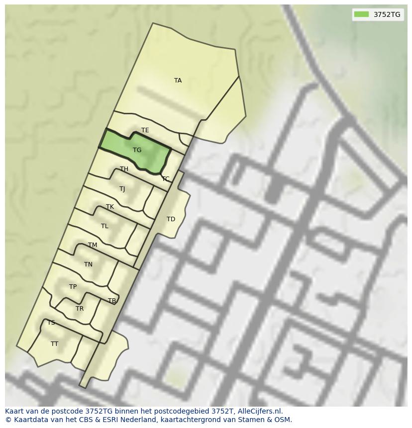 Afbeelding van het postcodegebied 3752 TG op de kaart.