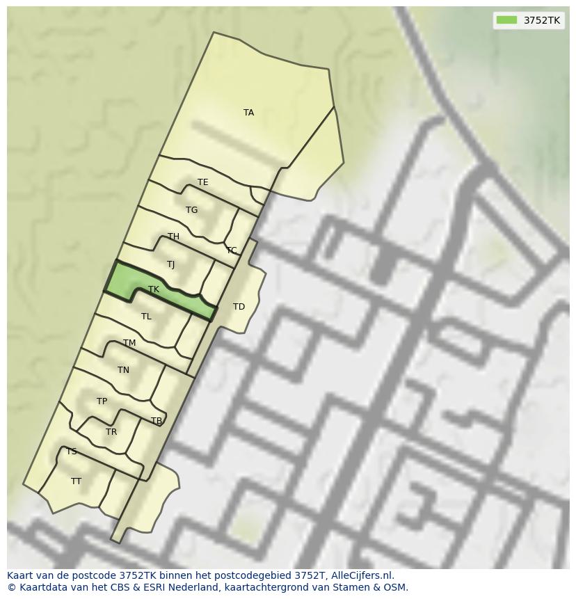Afbeelding van het postcodegebied 3752 TK op de kaart.