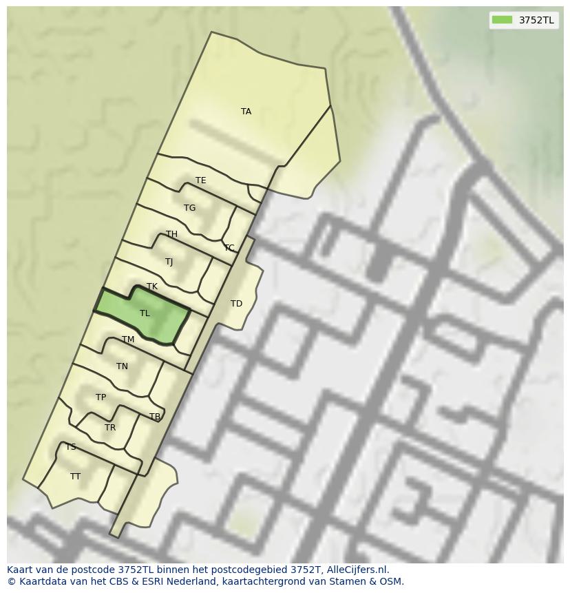 Afbeelding van het postcodegebied 3752 TL op de kaart.