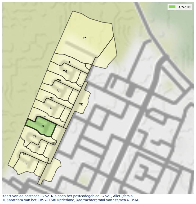 Afbeelding van het postcodegebied 3752 TN op de kaart.