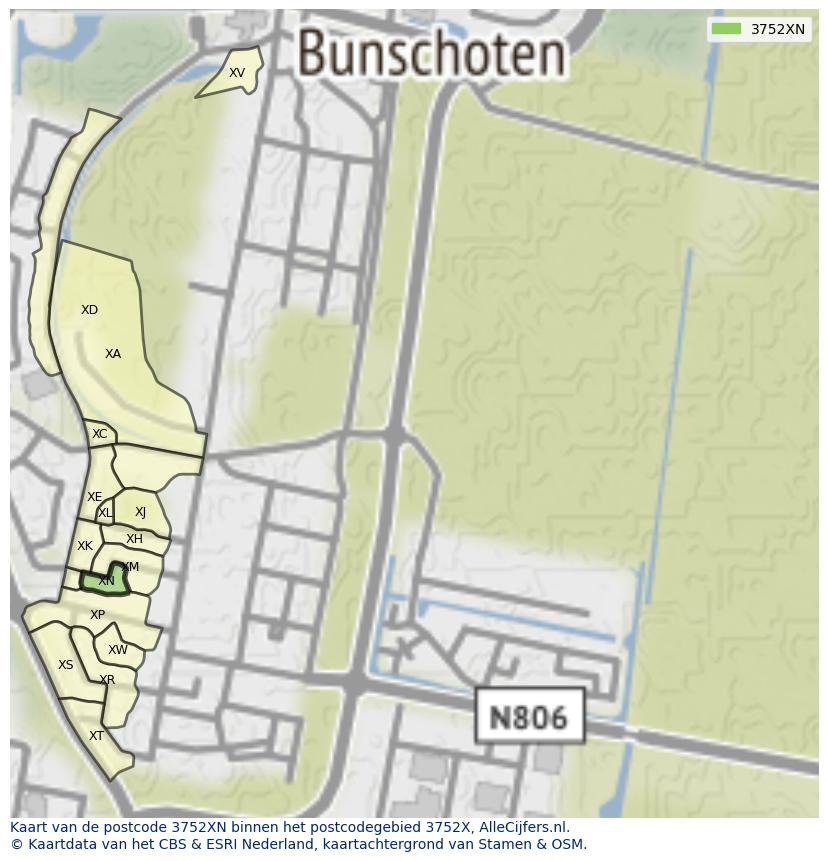 Afbeelding van het postcodegebied 3752 XN op de kaart.