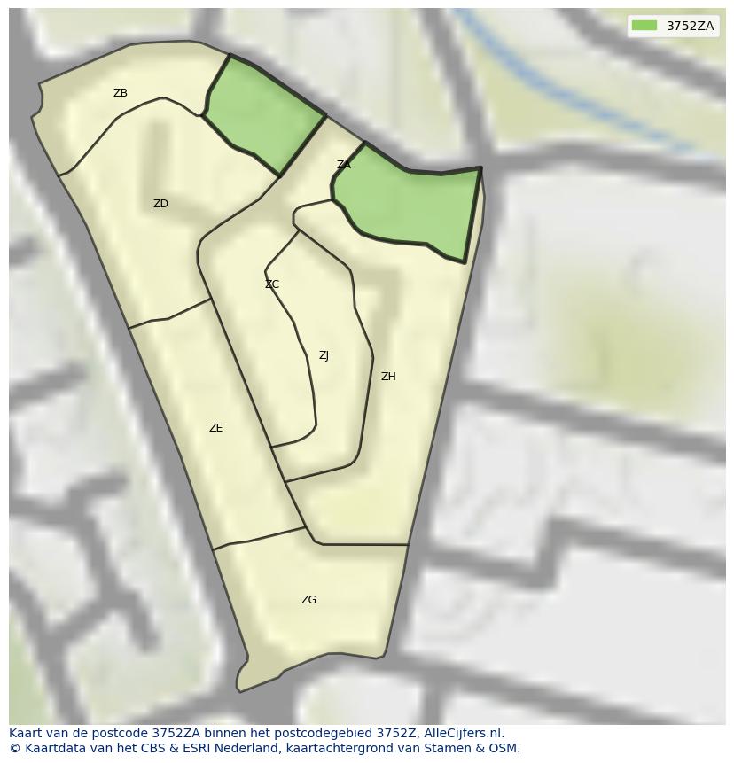 Afbeelding van het postcodegebied 3752 ZA op de kaart.