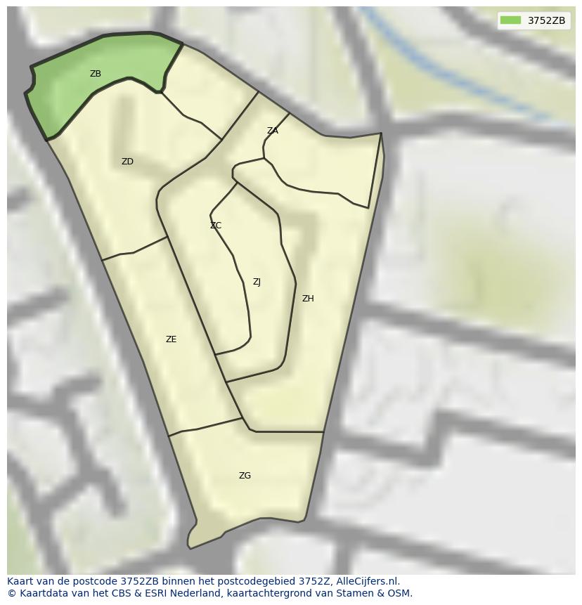 Afbeelding van het postcodegebied 3752 ZB op de kaart.