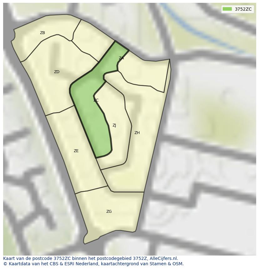 Afbeelding van het postcodegebied 3752 ZC op de kaart.
