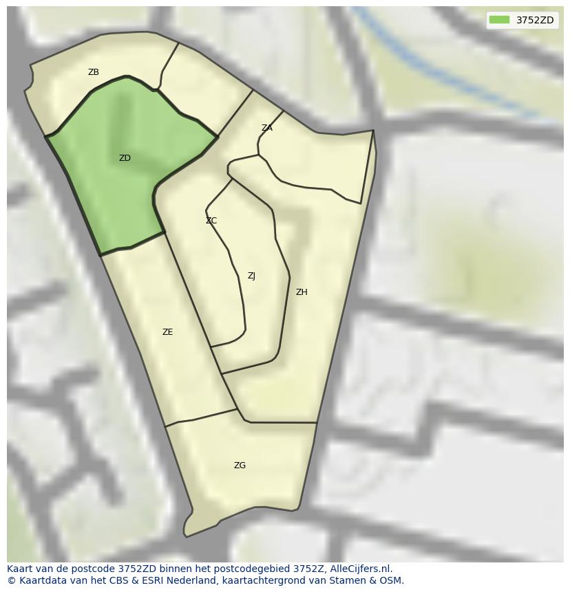 Afbeelding van het postcodegebied 3752 ZD op de kaart.