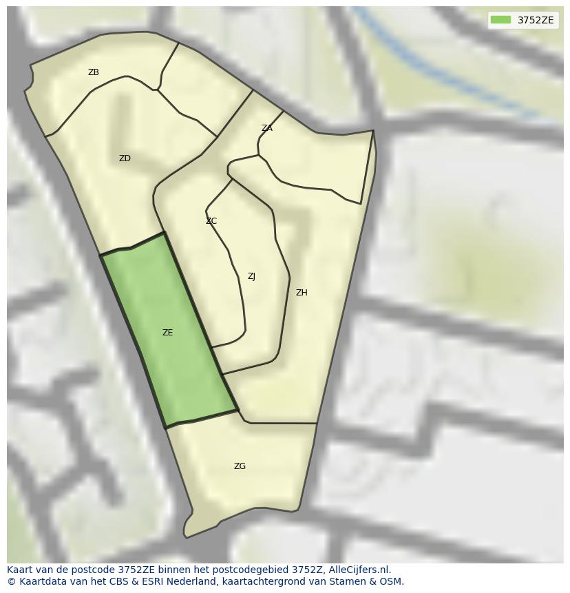 Afbeelding van het postcodegebied 3752 ZE op de kaart.