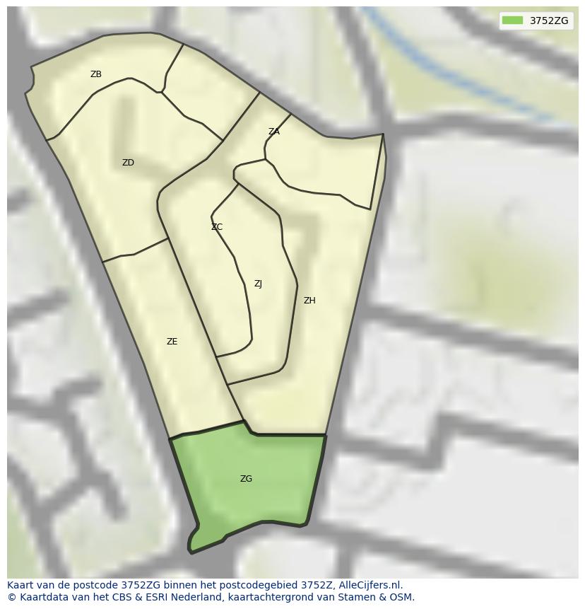 Afbeelding van het postcodegebied 3752 ZG op de kaart.