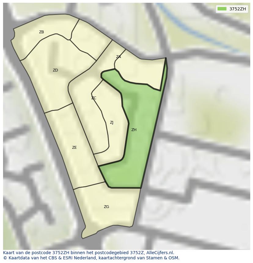 Afbeelding van het postcodegebied 3752 ZH op de kaart.