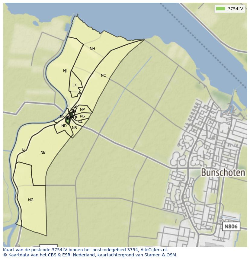 Afbeelding van het postcodegebied 3754 LV op de kaart.