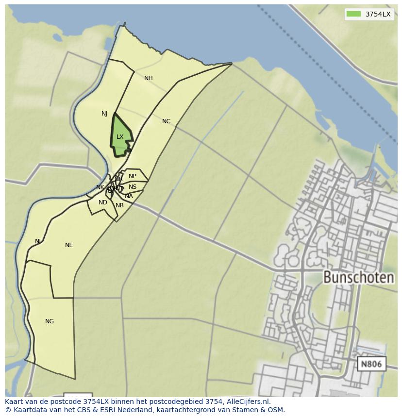 Afbeelding van het postcodegebied 3754 LX op de kaart.