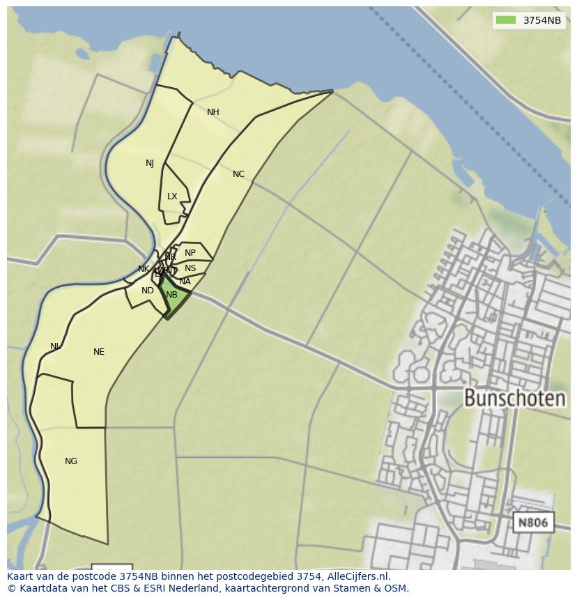 Afbeelding van het postcodegebied 3754 NB op de kaart.
