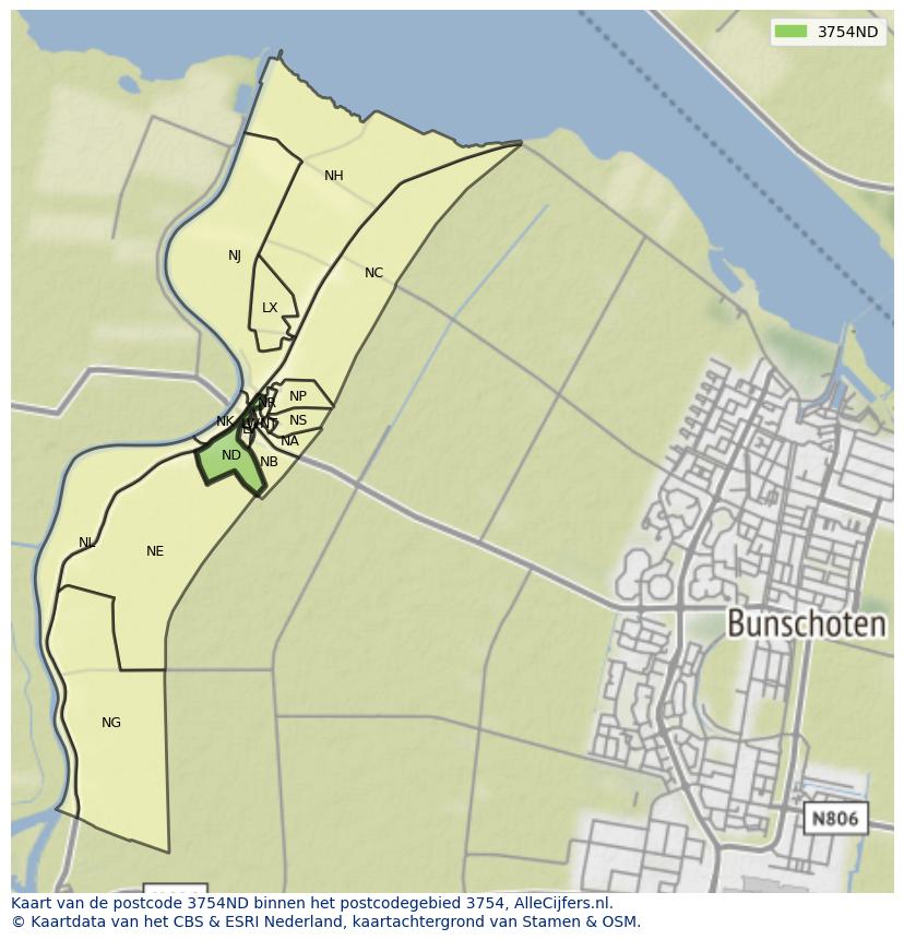 Afbeelding van het postcodegebied 3754 ND op de kaart.