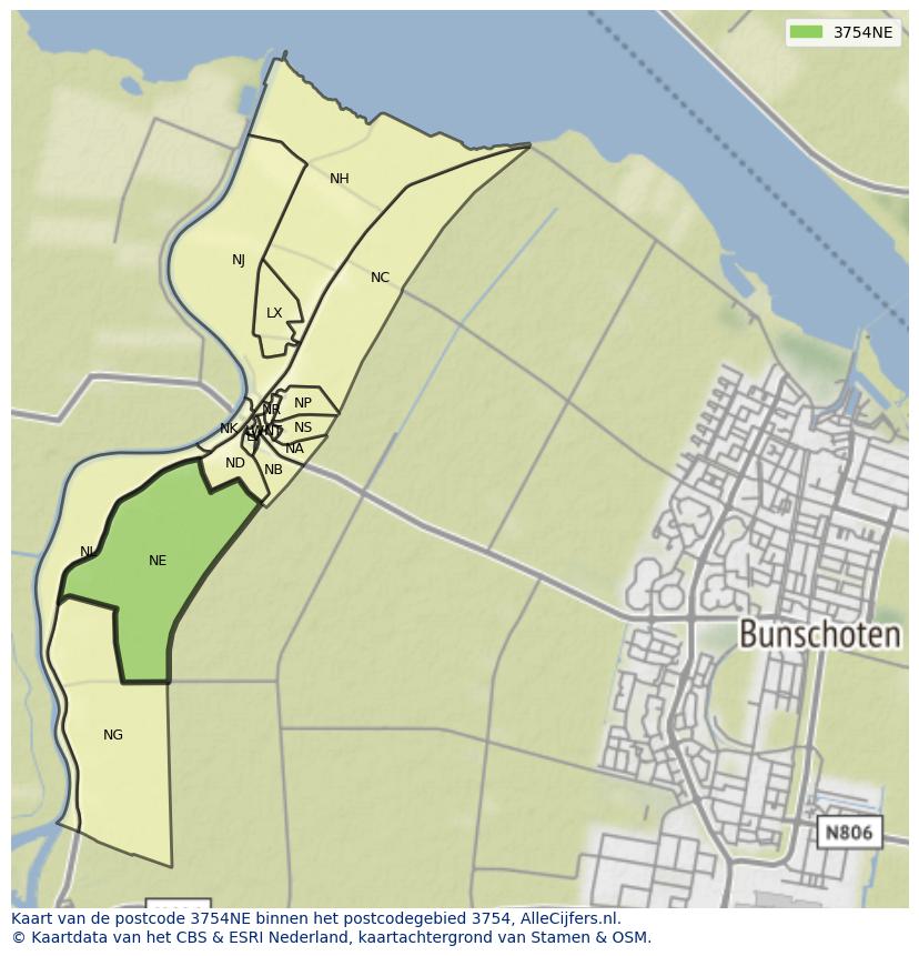Afbeelding van het postcodegebied 3754 NE op de kaart.