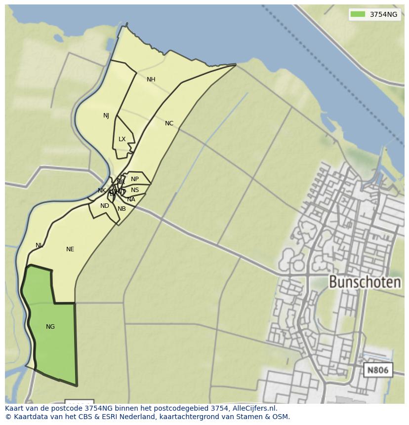 Afbeelding van het postcodegebied 3754 NG op de kaart.