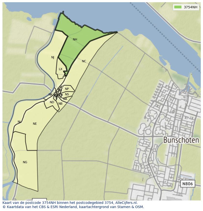 Afbeelding van het postcodegebied 3754 NH op de kaart.