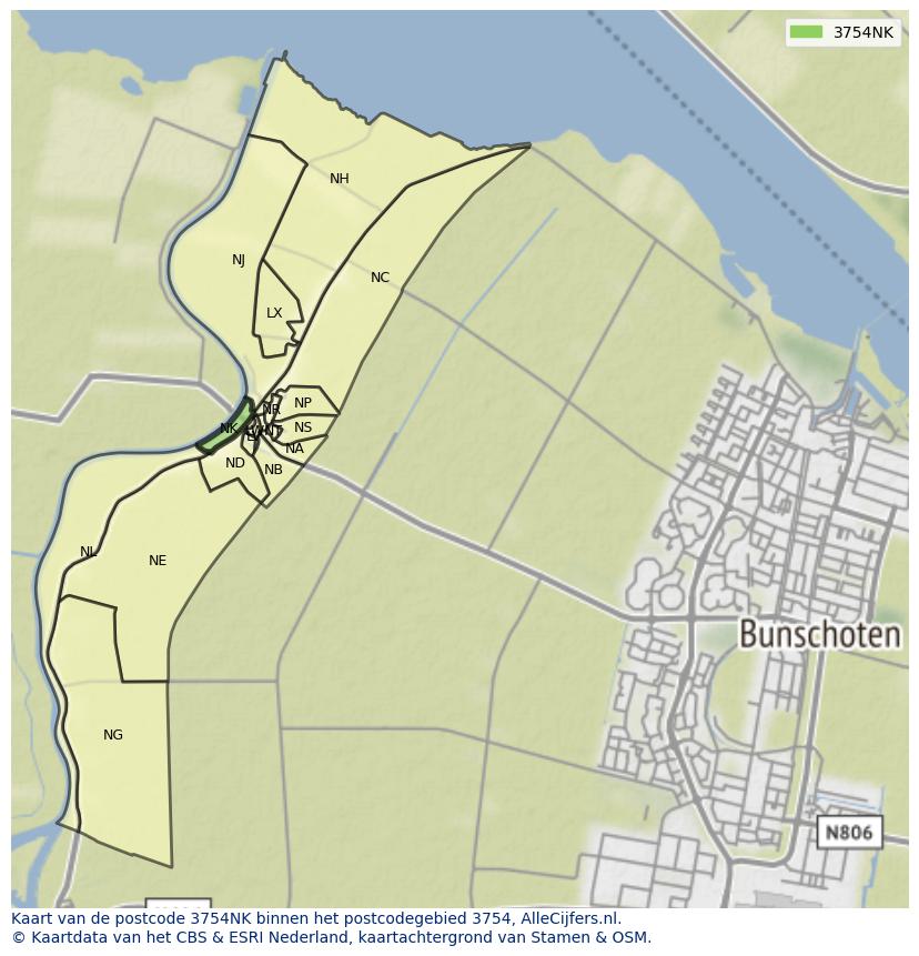 Afbeelding van het postcodegebied 3754 NK op de kaart.