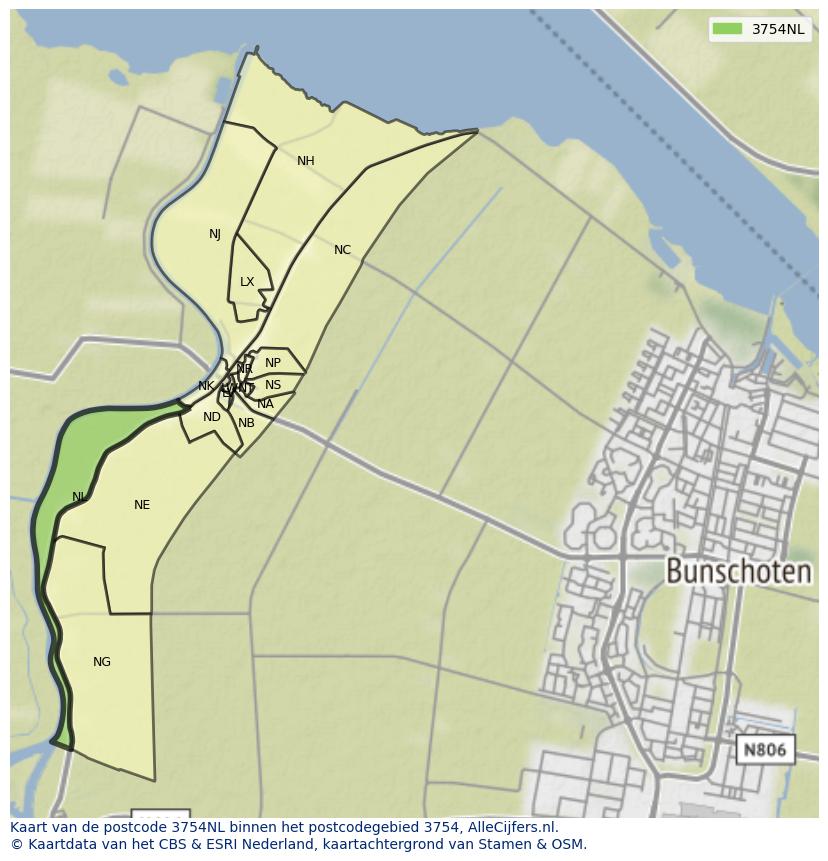 Afbeelding van het postcodegebied 3754 NL op de kaart.
