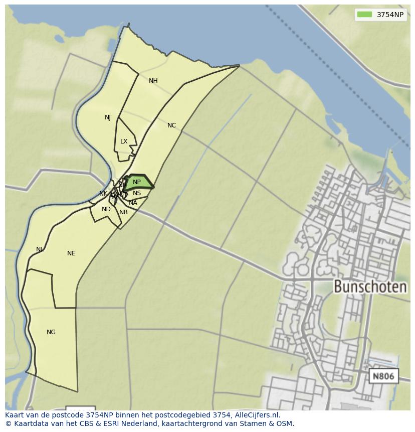 Afbeelding van het postcodegebied 3754 NP op de kaart.