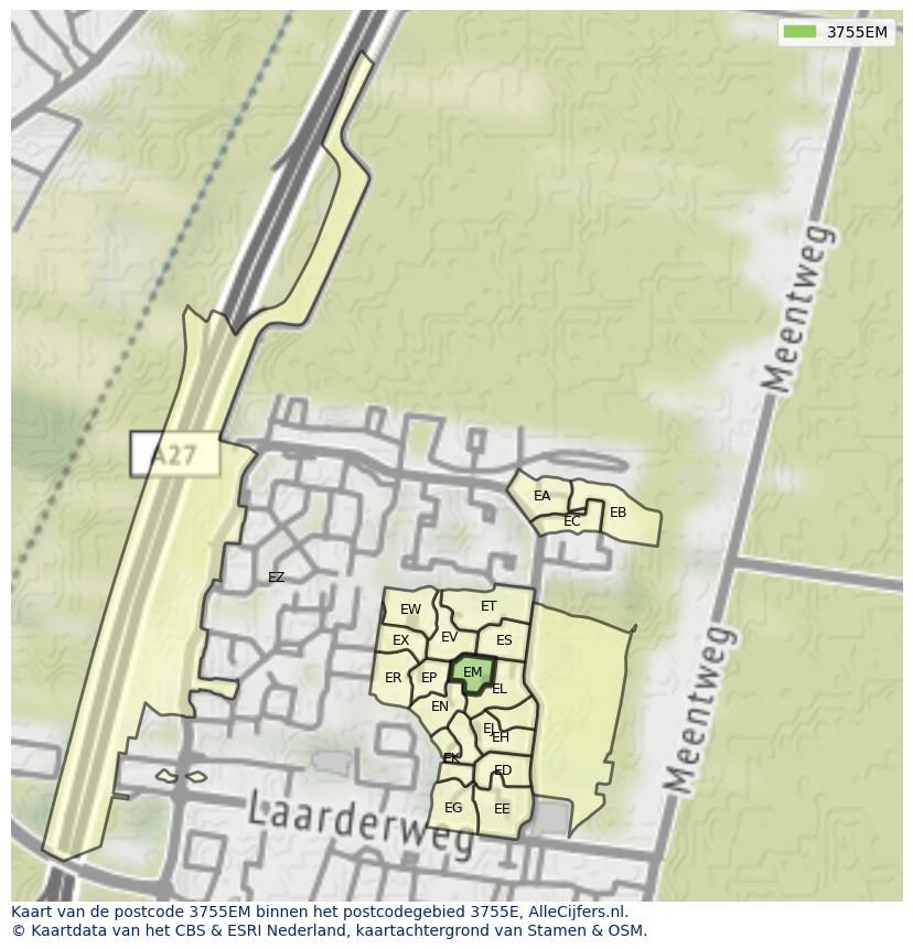 Afbeelding van het postcodegebied 3755 EM op de kaart.