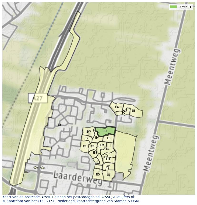 Afbeelding van het postcodegebied 3755 ET op de kaart.