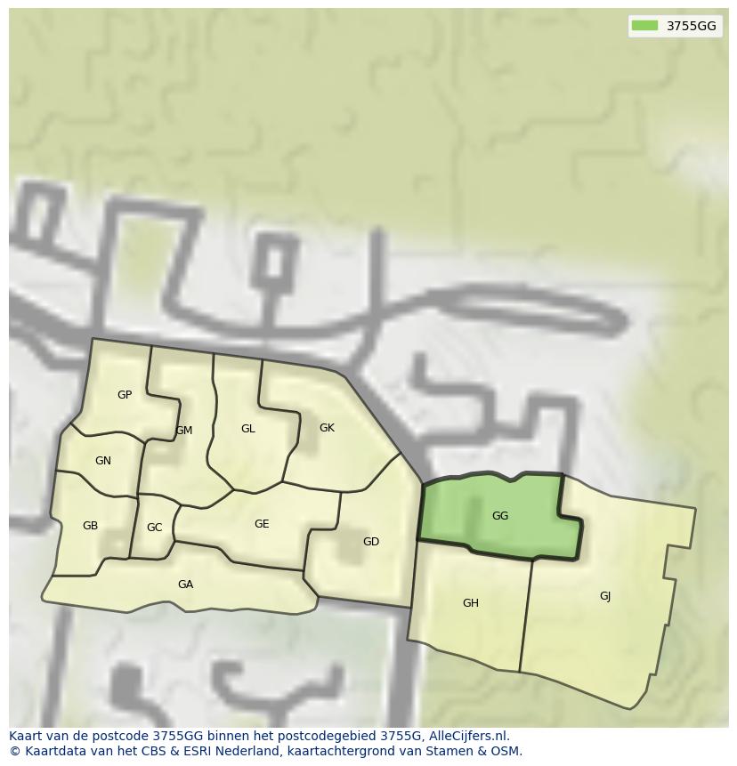 Afbeelding van het postcodegebied 3755 GG op de kaart.