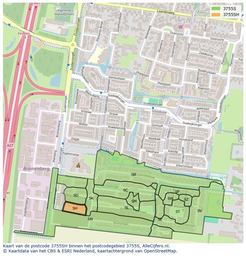 Afbeelding van het postcodegebied 3755 SH op de kaart.