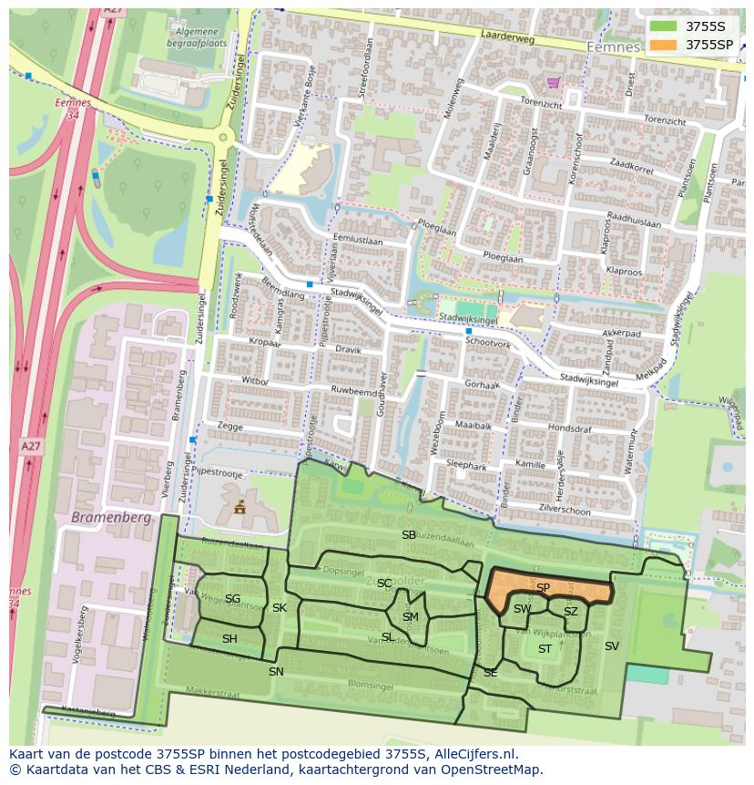 Afbeelding van het postcodegebied 3755 SP op de kaart.