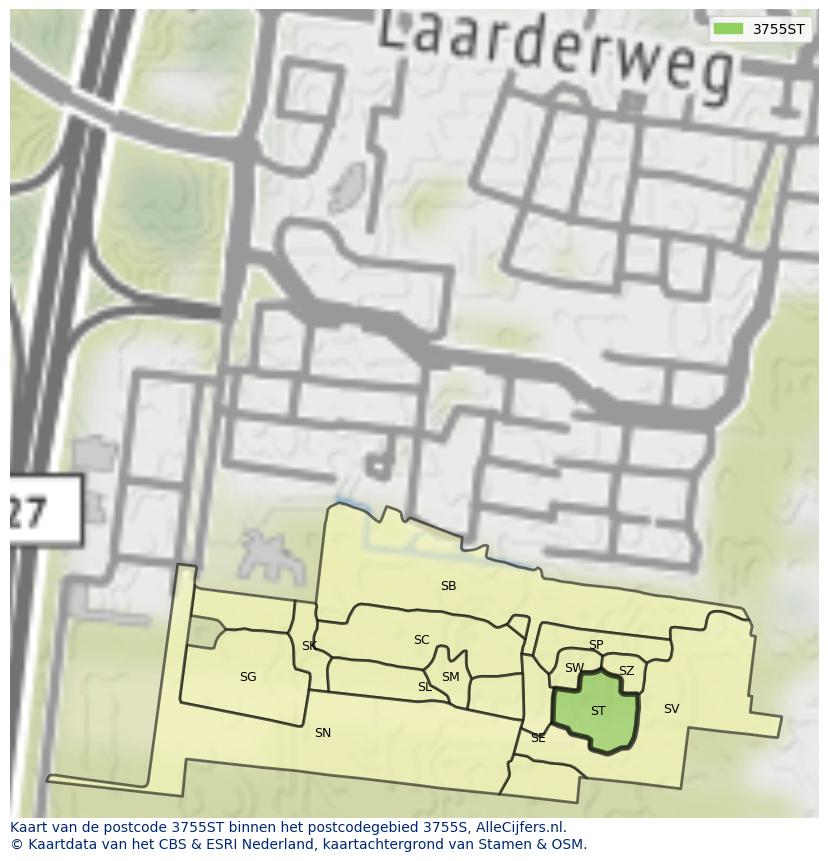 Afbeelding van het postcodegebied 3755 ST op de kaart.