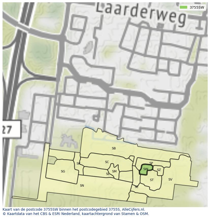 Afbeelding van het postcodegebied 3755 SW op de kaart.