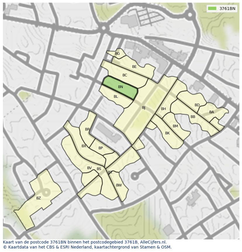 Afbeelding van het postcodegebied 3761 BN op de kaart.