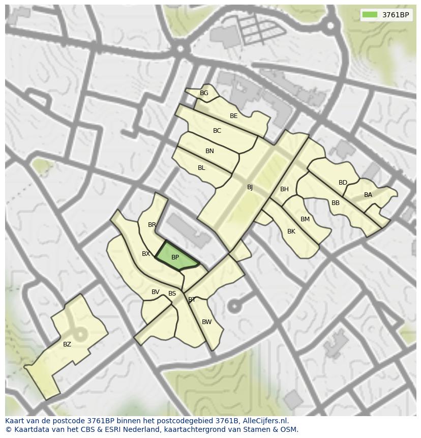 Afbeelding van het postcodegebied 3761 BP op de kaart.