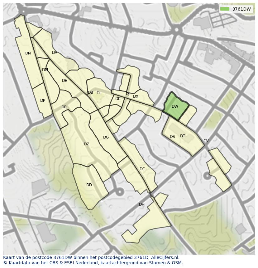 Afbeelding van het postcodegebied 3761 DW op de kaart.