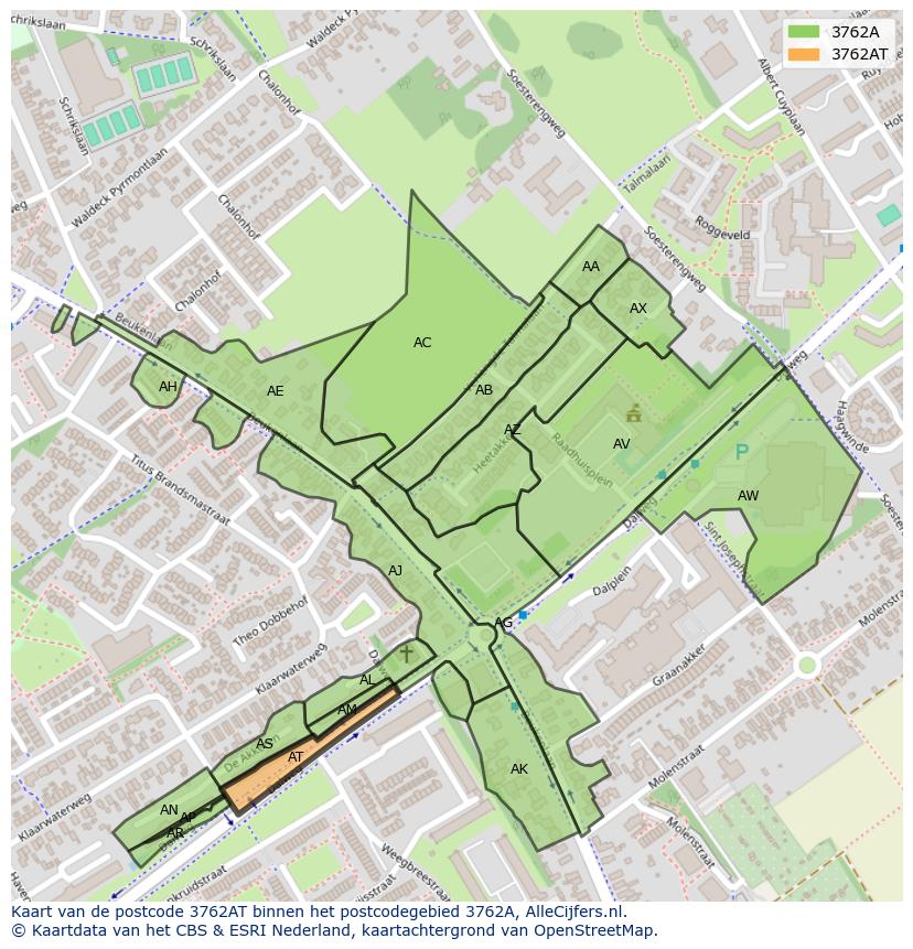 Afbeelding van het postcodegebied 3762 AT op de kaart.