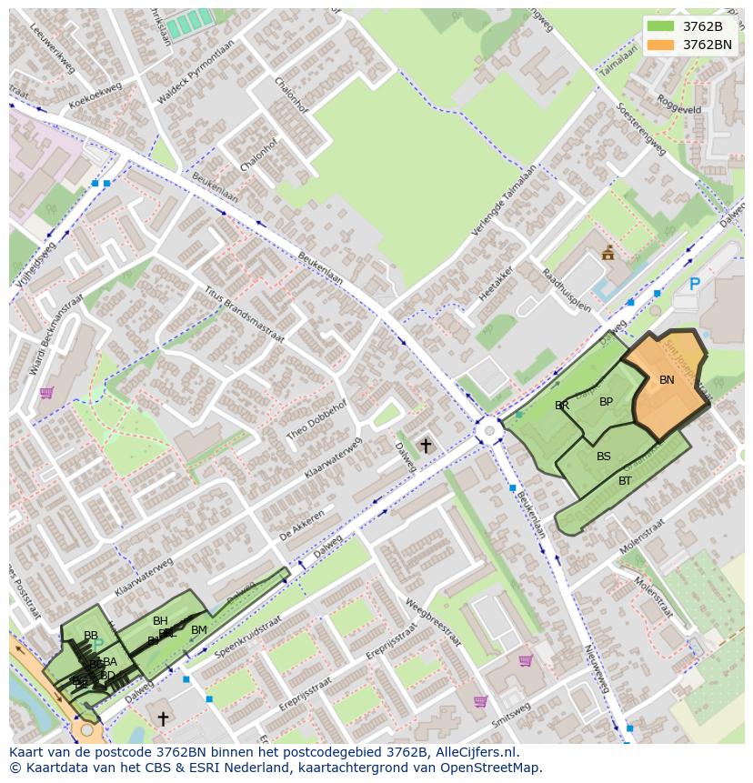 Afbeelding van het postcodegebied 3762 BN op de kaart.