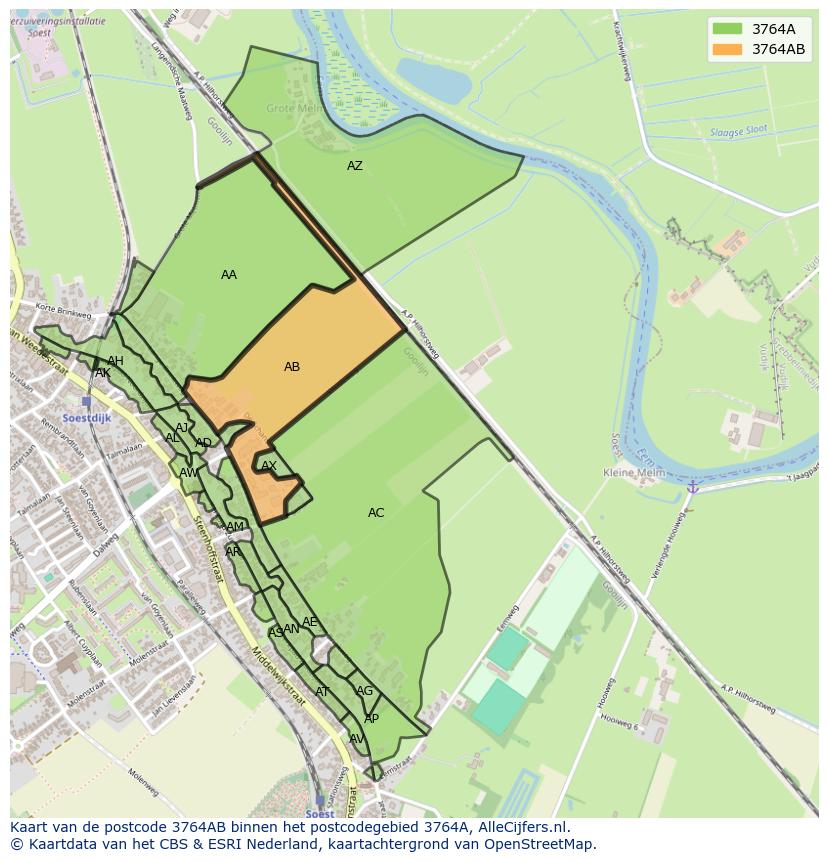 Afbeelding van het postcodegebied 3764 AB op de kaart.